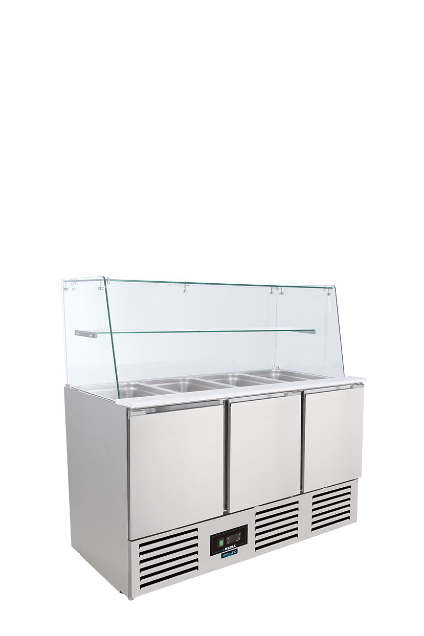 Banco saladette statico con agitatore 3 ante, con scomparto per bacinelle Gastronorm e sovrastruttura in vetro SALADETTE SF 903 G