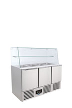 Banco saladette statico con agitatore 3 ante, con scomparto per bacinelle Gastronorm e sovrastruttura in vetro SALADETTE SF 903 G