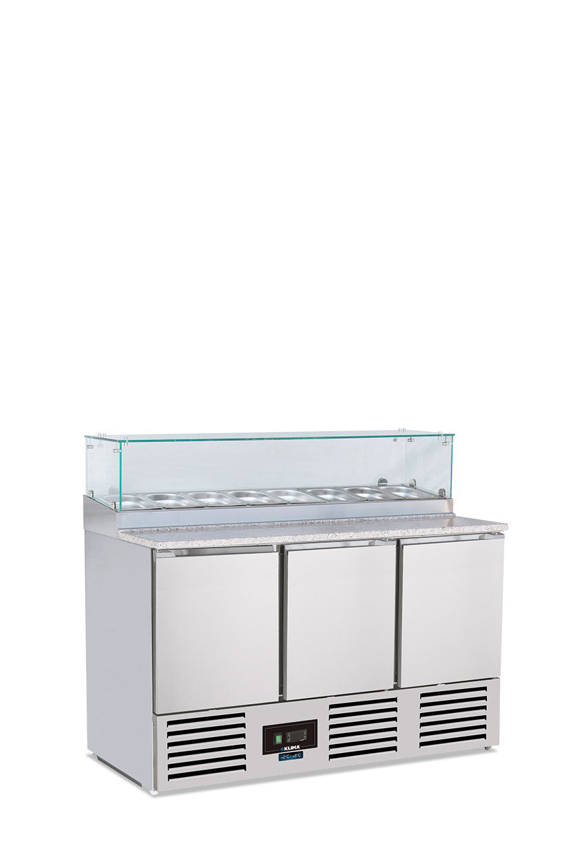 Banco saladette statico con agitatore, scomparto per bacinelle Gastronorm e sovrastruttura in vetro SALADETTE SF 903 GZ
