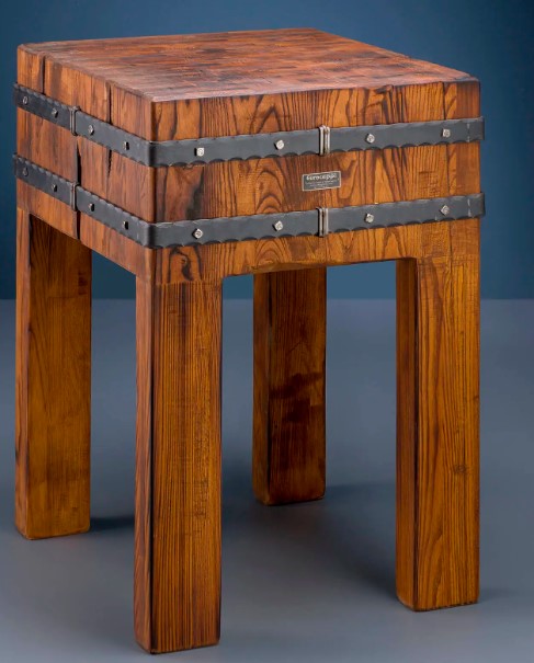 Ceppo Vintage Cm.50x50x30h Con Gambe Fisse In Robinia Con Fasce In Fer