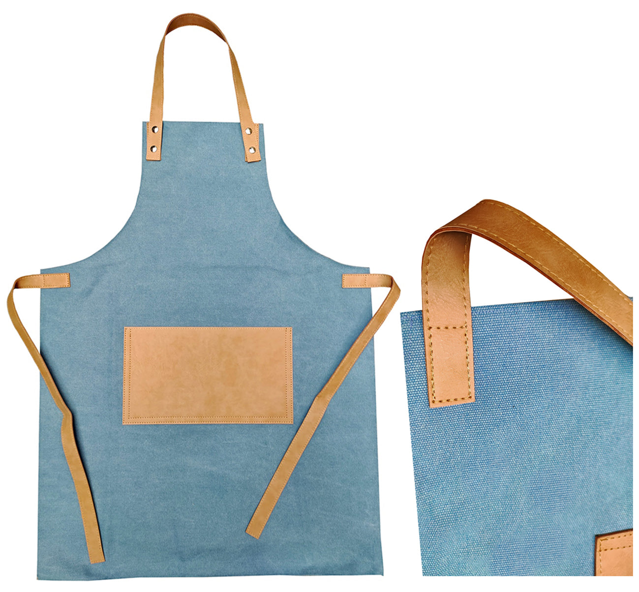 Grembiule Canvas E Similpelle Tu Blu Vintage Con Tasca E Lacci Sabbia