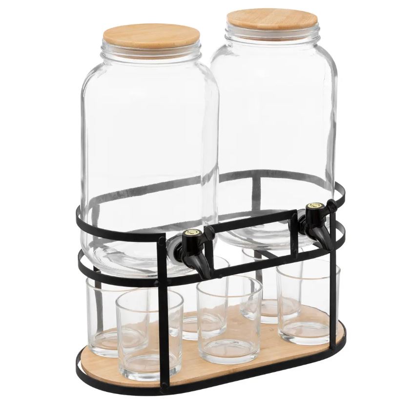 Set 2 Dispenser Lt.3,3 Con 6 Bicchieri E Supporto Metallo 188936