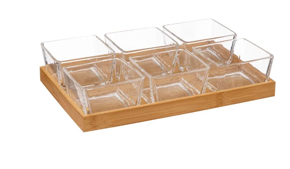 Set Aperitivo 6 Ciotole Vetro C/vassoio Bamboo 194195