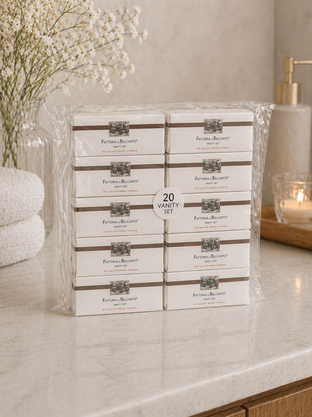 Linea Cortesia B&B – Vanity Set Biancospino | Fattoria di Belcanto®

Confezione da 20 vanity set completi