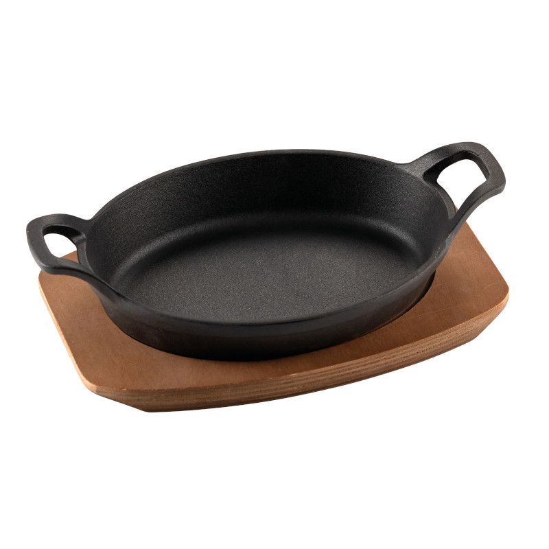 Mini Tegame Ovale Cm.22x16 Ghisa Smaltata Con Vassoio Legno