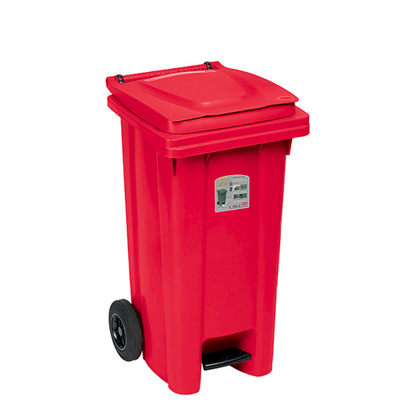 Bidone Carrellato 120lt Con Ruote+ped.Cop.Rosso
