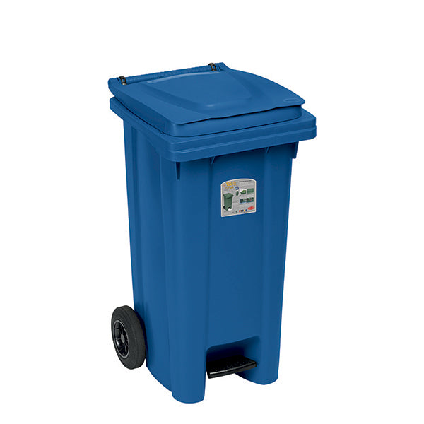 Bidone Carrellato 120lt Con Ruote+ped.Cop.Blu