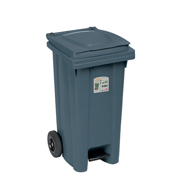 Bidone Carrellato 120lt Con Ruote+ped.Cop.Grigio
