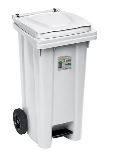 Bidone Carrellato 120lt Con Ruote+ped.Cop Bianco