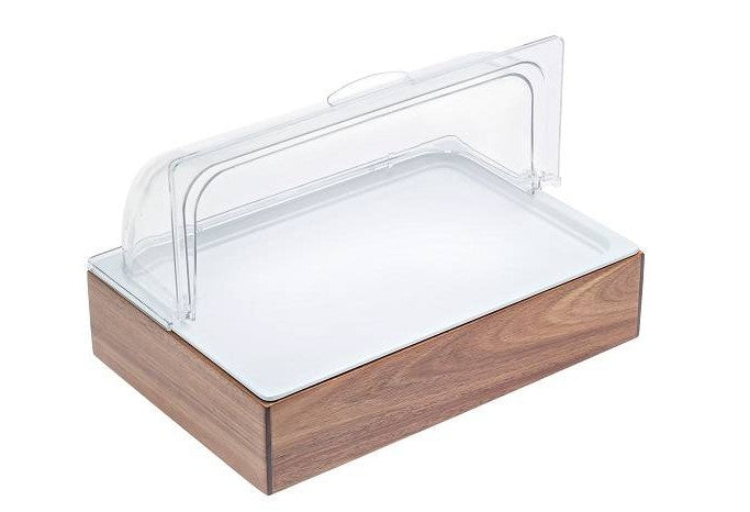 Set Espositore Acacia Cm.42x28 Con Vassoio Melamina Coperchio Policarb
