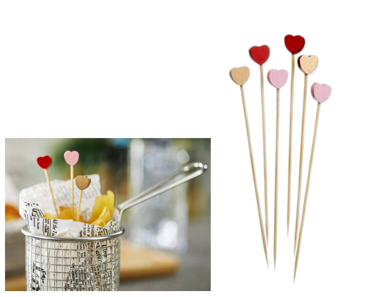 Cf 100 Spiedo Cuore Bamboo Cm.12 Colori Assortiti