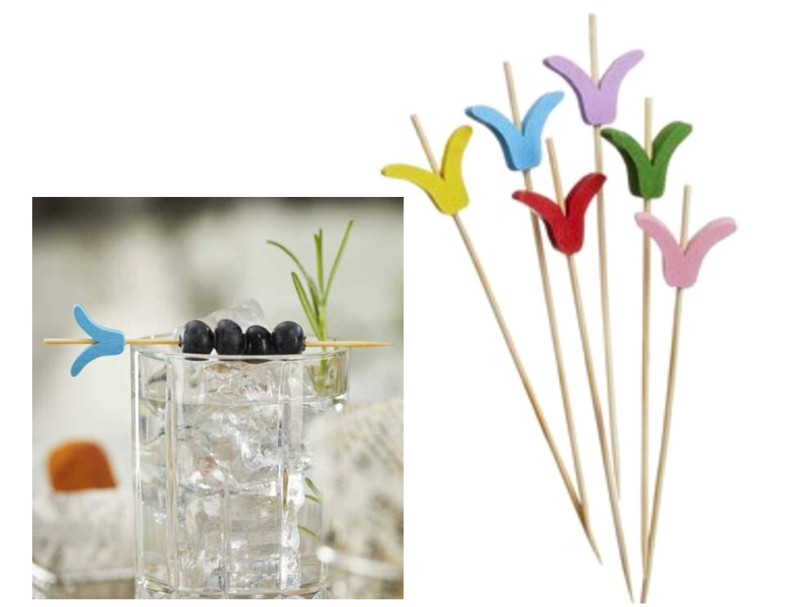 Cf 100 Spiedo Flower Bamboo Cm.12 Colori Assortiti