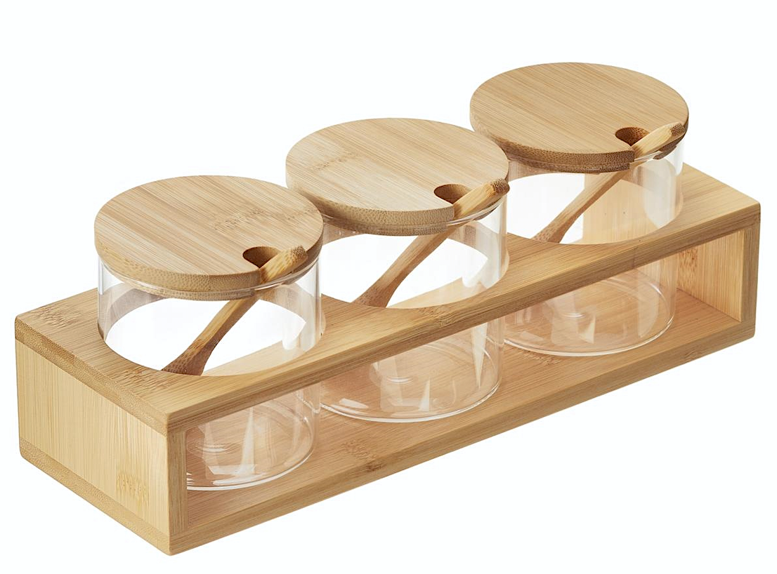 Set 3 Ciotole In Vetro Cm.28x9,3x10h Con Base In Bamboo