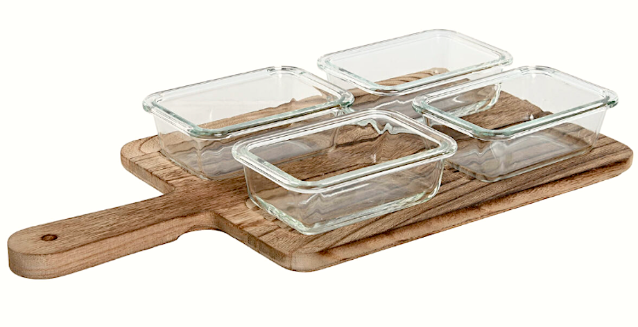 Set Aperitivo 4 Ciotoline Vetro Con Vassoio Legno Cm.39x20x5h Pc212549