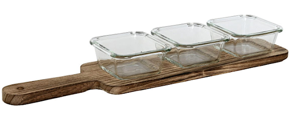 Set Aperitivo 3 Ciotoline Vetro Con Vassoio Legno Cm.43x10x5h Pc212550