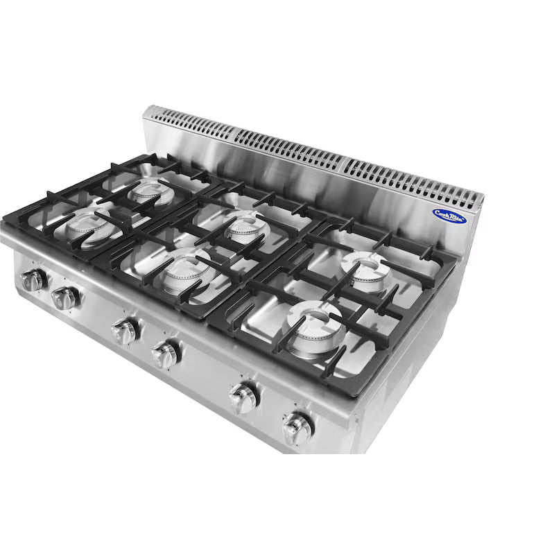 Cucina 6 Fuochi Gas da Banco in acciaio inox. Bruciatori 3x3,5+3x7 kw con fiamma pilota. Misure LxPxH 120x70x54,7 cm. Modello AT7G6B-C-1