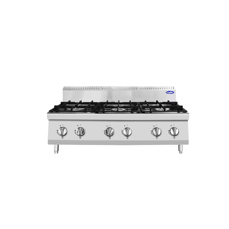 Cucina 6 Fuochi Gas da Banco in acciaio inox. Bruciatori 3x3,5+3x7 kw con fiamma pilota. Misure LxPxH 120x70x54,7 cm. Modello AT7G6B-C-1