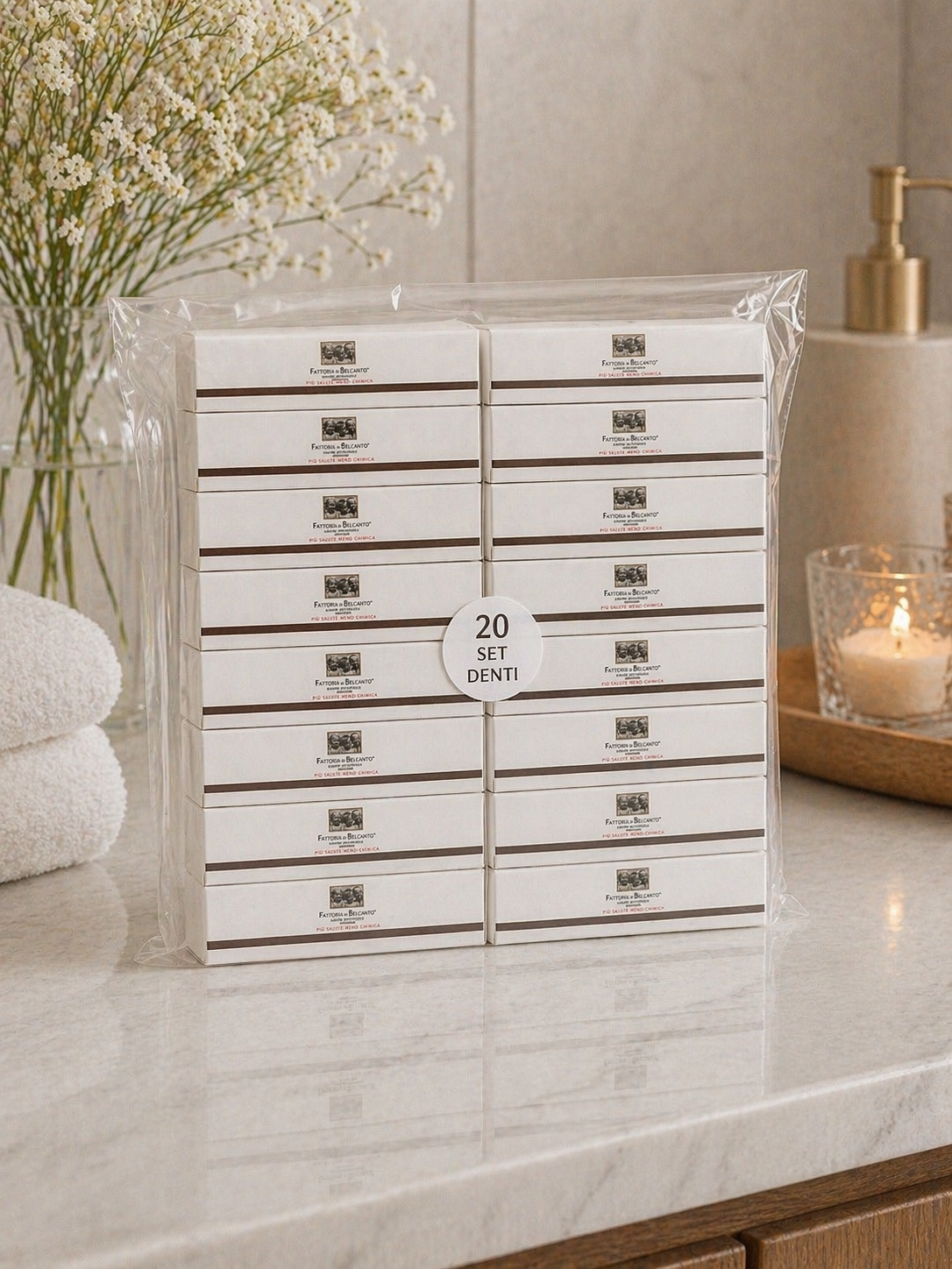 Linea Cortesia B&B – Set Denti Biancospino | Fattoria di Belcanto®

Confezione da 20 kit igiene orale