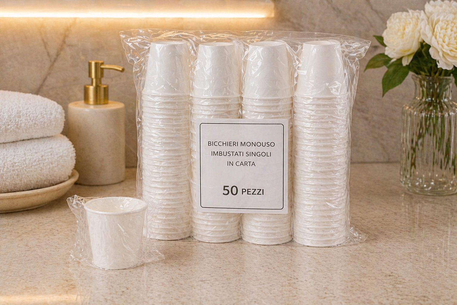Confezione da 50 bicchieri monouso imbustati singolarmente