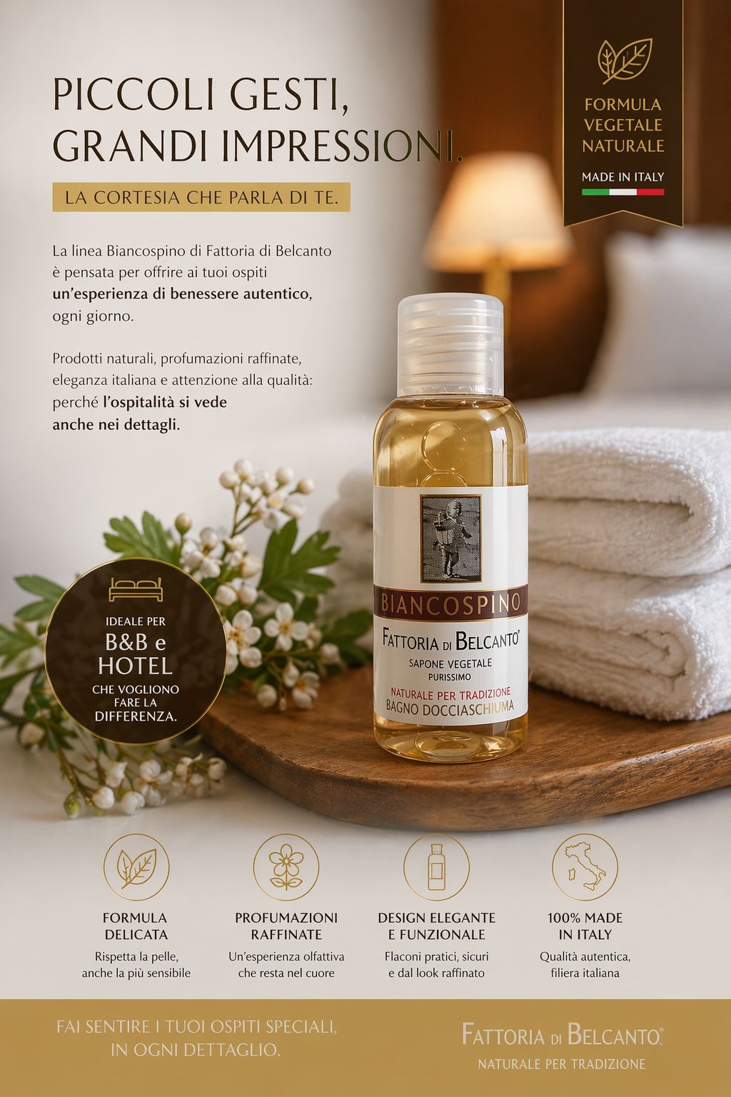 Linea Cortesia B&B – Docciaschiuma Biancospino | Fattoria di Belcanto®  Set da 20 flaconi bagno docciaschiuma 35 ml