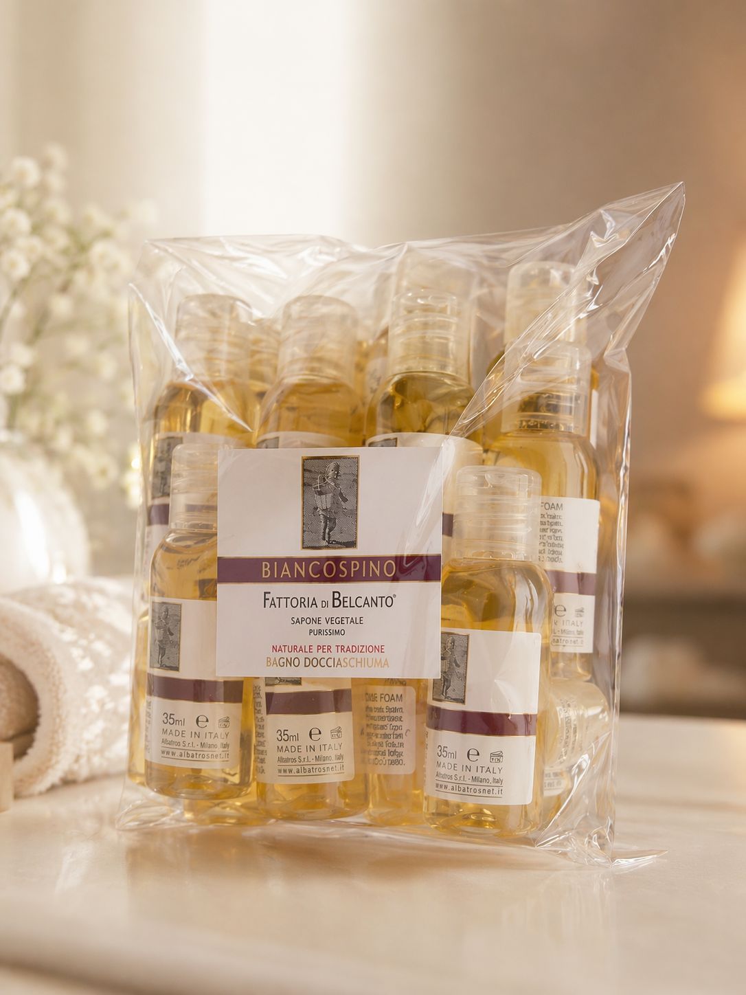 Linea Cortesia B&B – Docciaschiuma Biancospino | Fattoria di Belcanto®  Set da 20 flaconi bagno docciaschiuma 35 ml