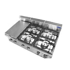Cucina 6 Fuochi Gas da Banco in acciaio inox. Bruciatori 3x3,5+3x7 kw con fiamma pilota. Misure LxPxH 120x70x54,7 cm. Modello AT7G6B-C-1