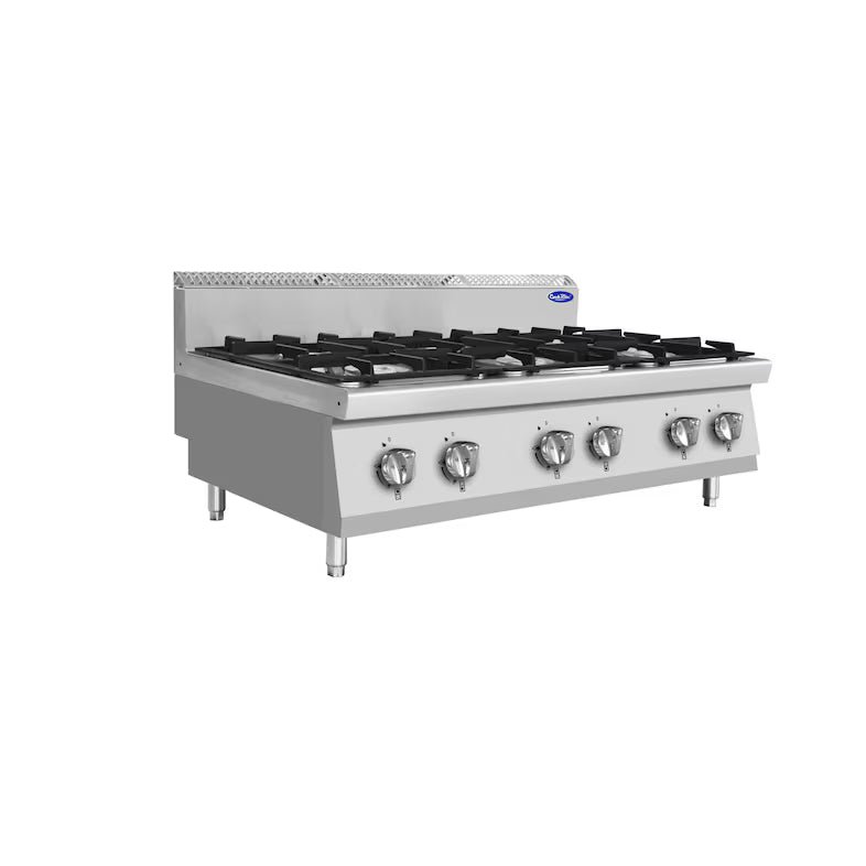 Cucina 6 Fuochi Gas da Banco in acciaio inox. Bruciatori 3x3,5+3x7 kw con fiamma pilota. Misure LxPxH 120x70x54,7 cm. Modello AT7G6B-C-1